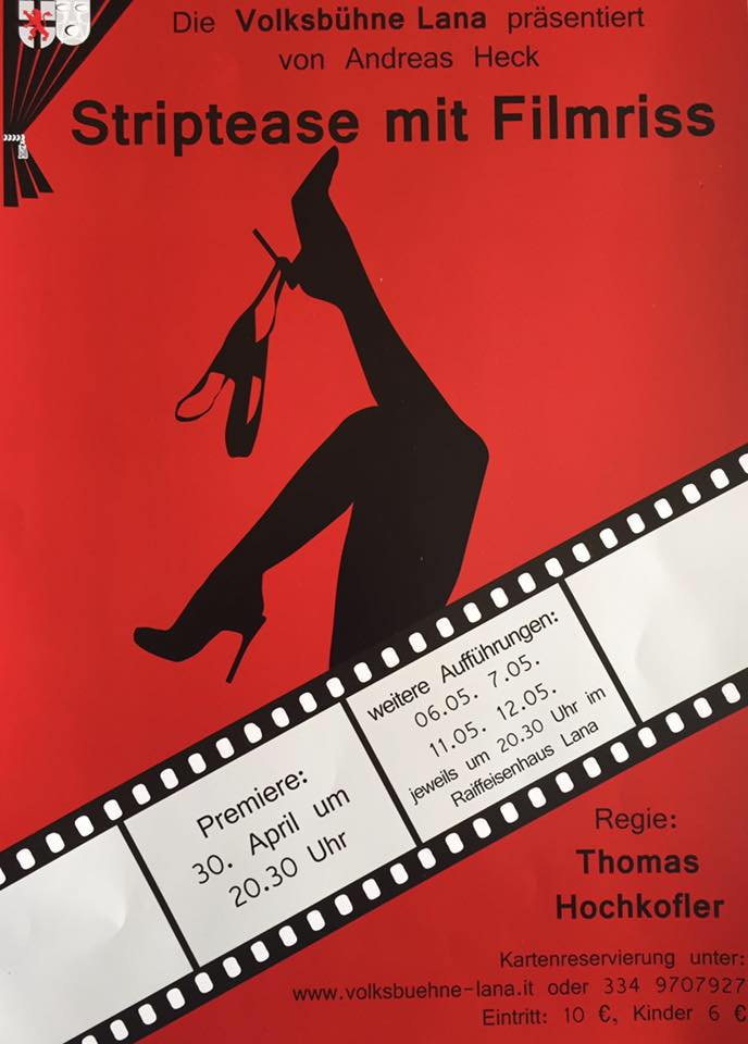 Plakat der Volksbühne Lana zu "Striptease mit Filmriss" - "Was war bloß los heut Nacht"