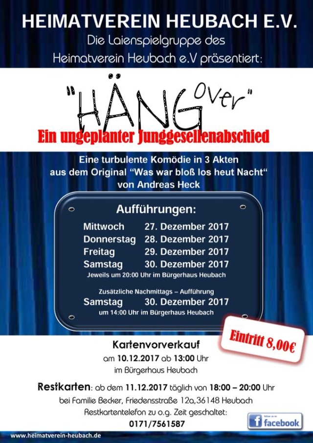 Plakat der Theatergruppe im Heimatverein Heubach zu"Häng over - Was war bloß los heut Nacht?"