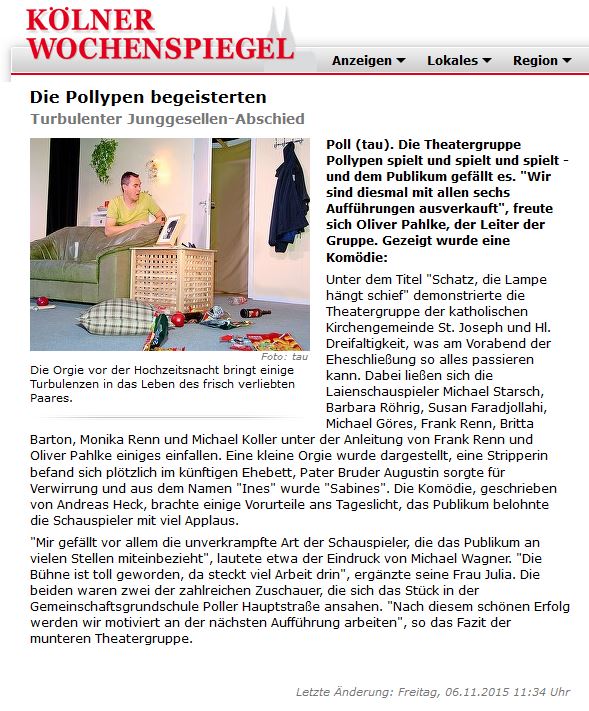 Artikel aus dem Koelner Wochenspiegel zu "Schatz, die Lampe hängt schief" der Pollypen