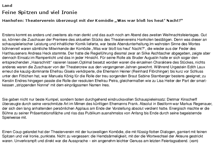 Artikel aus der Rheinpfalz - Speyerer Rundschau zu "Was war bloß los heut Nacht?"